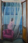 ragazza su balcone e tramonto al lago