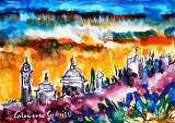 Tramonto su Bergamo Alta - cm 15X10,5 Tempera acquarellata 2010