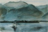 penombre sul lago, arrivo del battello, pastello